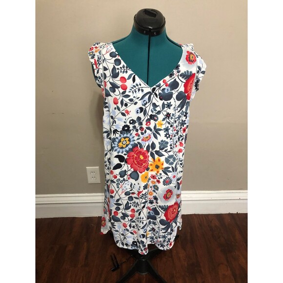 LOFT Southwestern Floral Red, Blue + Yellow Ruffle Short Sleeve Shift Dress, S - Picture 2 of 4